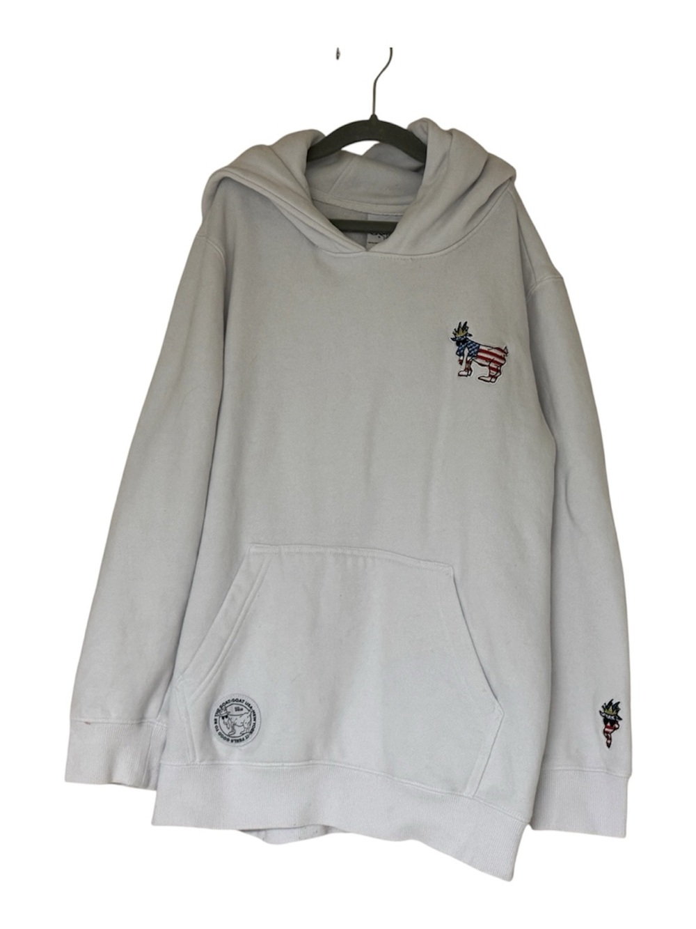 Goat USA Kids White Hooded Sweatshirt with American Flag Goat Embroidery